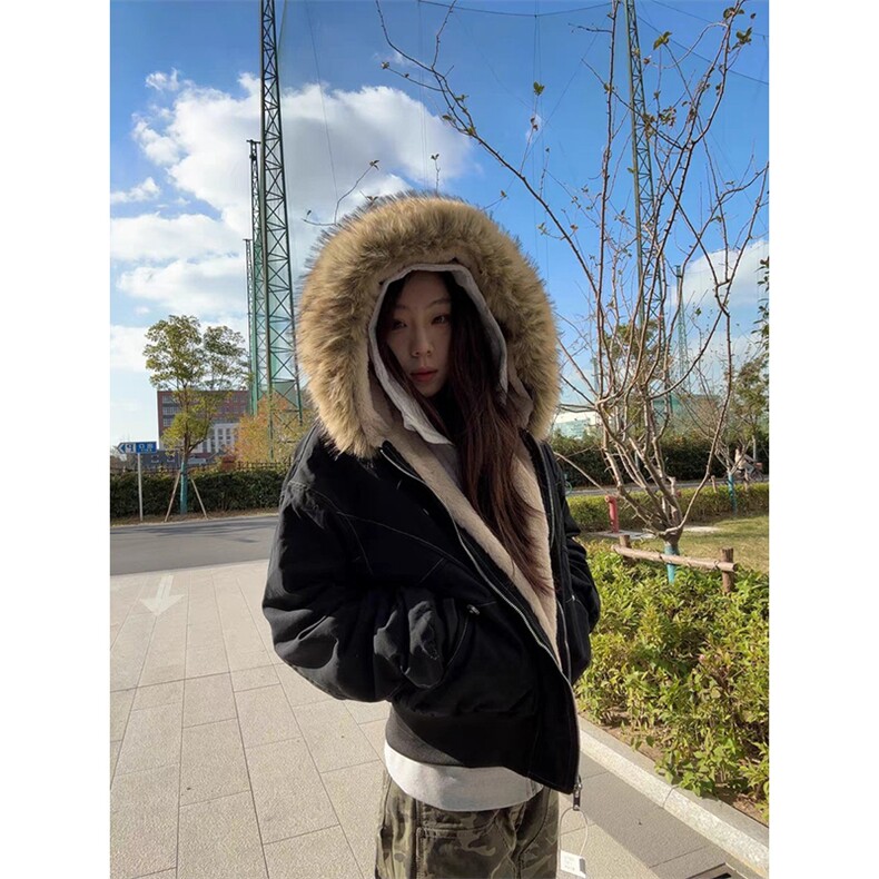 现货重磅boxy短款棉衣座山雕大毛毛领男女棉服水洗工装厚外套,男装棉衣,电商A486