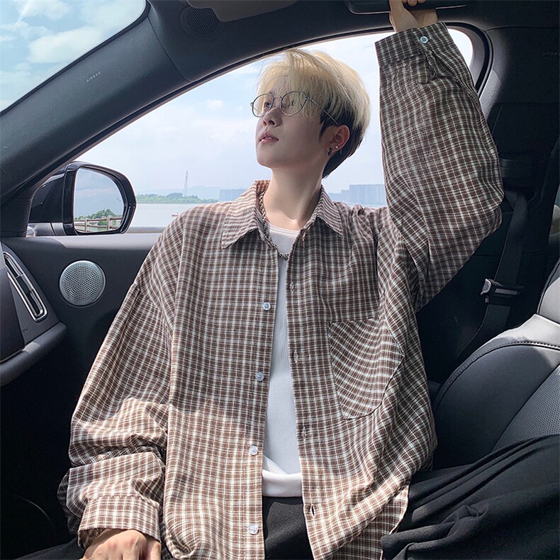 衬衫男春季新款港风宽松格子长袖衬衫CS802-特P28，男装衬衫，星座214-3