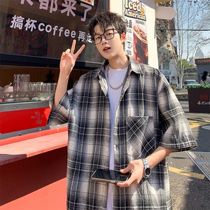短袖衬衫男夏季新款磨毛格子衬衣DX716-特批26无差价图片