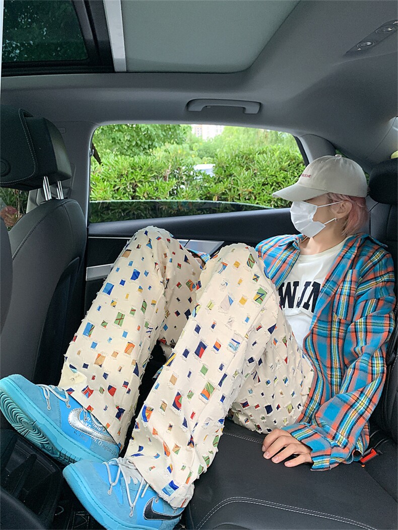多巴胺镂空格子休闲裤纯棉破洞长裤X1213-KK144-P68,男装休闲裤,星座1213