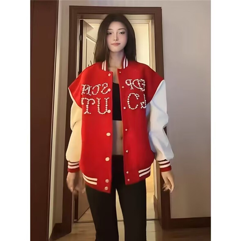 美式珍珠红色拼接棒球服男女春秋季新款高街百搭毛呢夹克立领外套,男装夹克,四季星座505