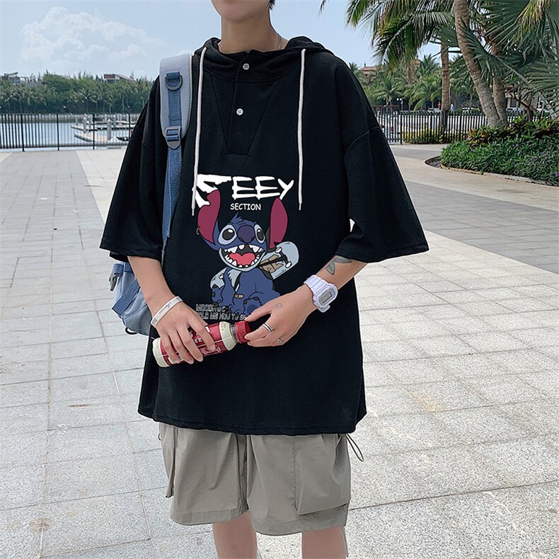 LD54038-P45连帽短袖t恤男大码胖子带帽五分袖中袖,男装T恤,电商A040