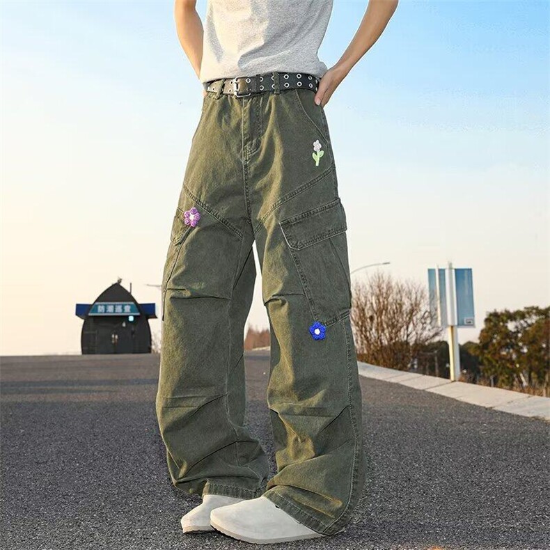美式复古花朵刺绣多口袋工装牛仔裤宽松男休闲裤网图 GKA8202-p75图片