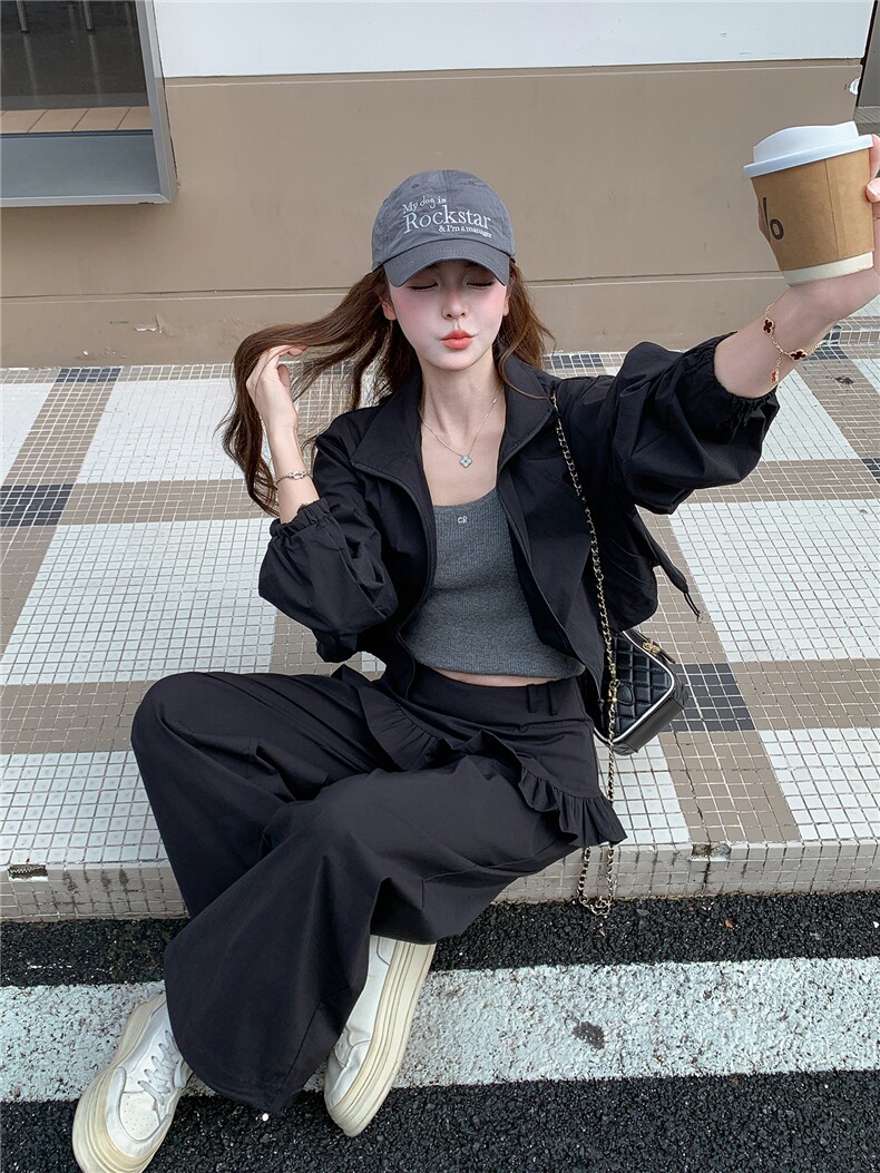 《档口现货》26秋上新气质工装夹克两件套带花边屁连休闲套装女,女装套装/套裙,时尚风爆