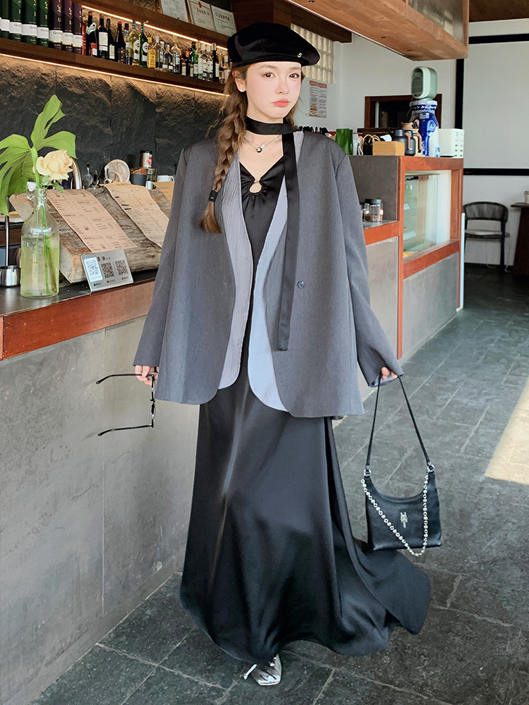 高级感叠穿西装套装裙女2025春季新款优雅气质吊带连衣裙三件套潮,女装套装/套裙,浙宝305