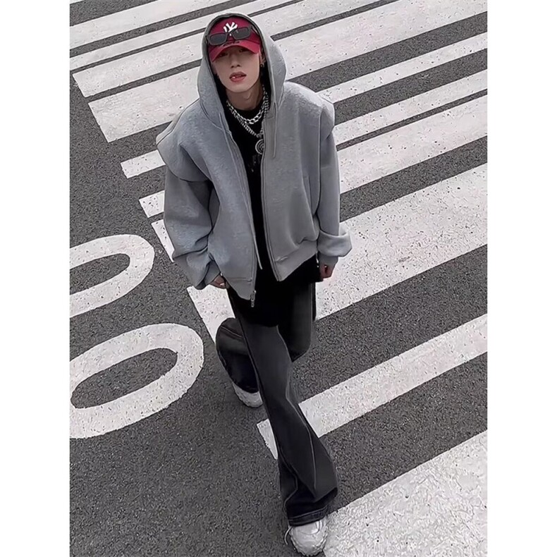 2025简约假两件连帽层领立体垫肩长袖男街头休闲垂感老钱风卫衣图片