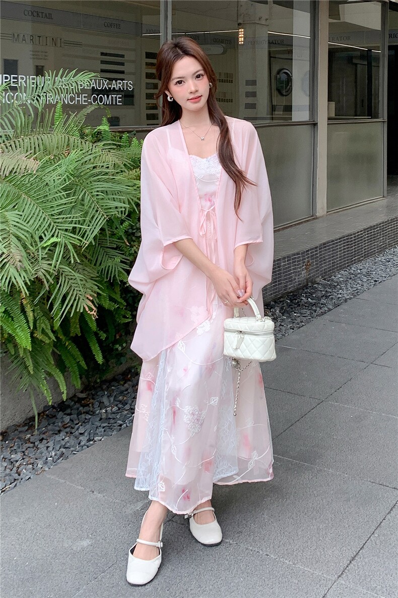 《现货26夏上新》重工蕾丝拼接刺绣吊带仙女裙天丝披肩防晒连件套,女装连衣裙,苗苗
