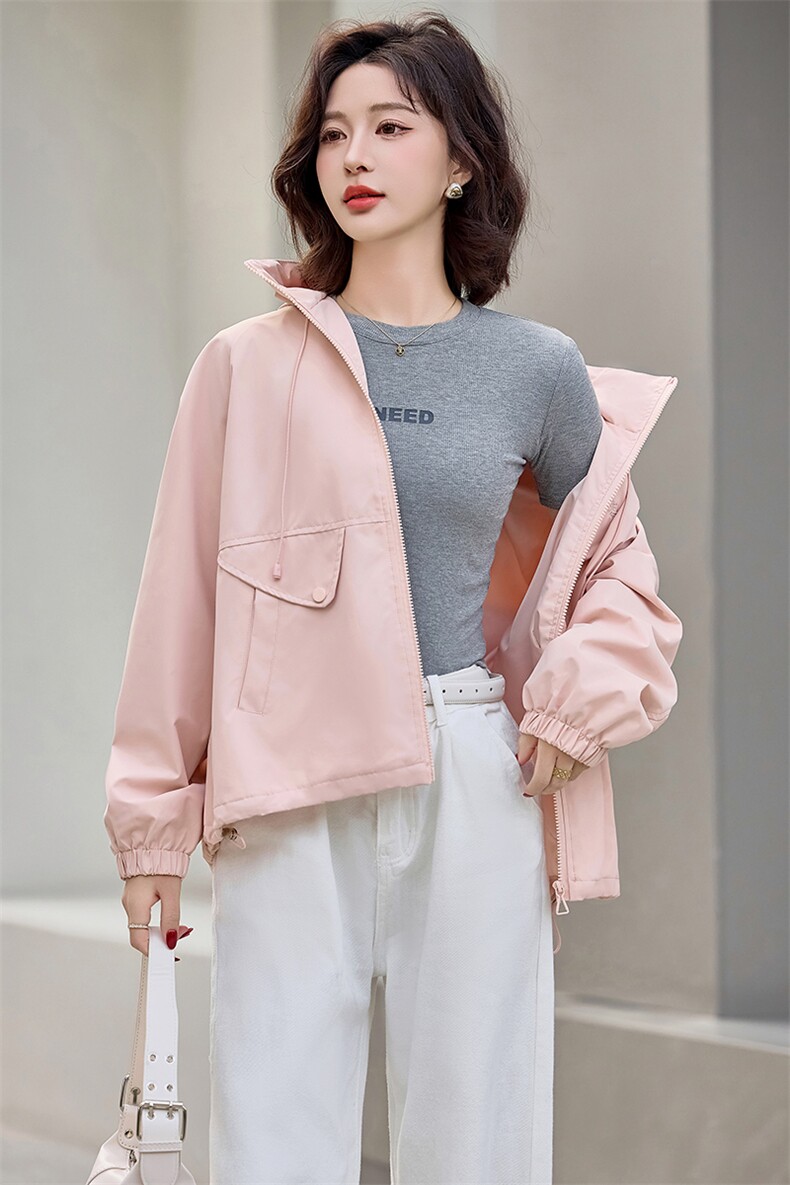 休闲宽松连帽短款外套女2025春秋新款小个子洋气减龄粉色夹克上衣,女装短外套,韩蔻秀