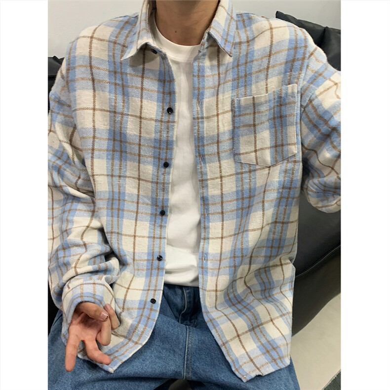 现货~磨毛格子大码长袖衬衫C5895/特P25浅蓝,男装衬衫,电商A094
