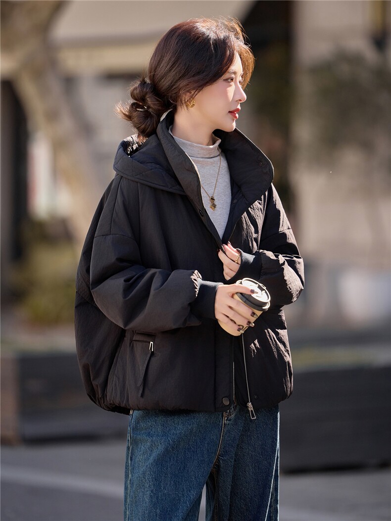 填充棉羊毛黑色保暖厚棉服女2026冬季新款连帽气质百搭设计感外套,女装棉衣/棉服,梦懿尔