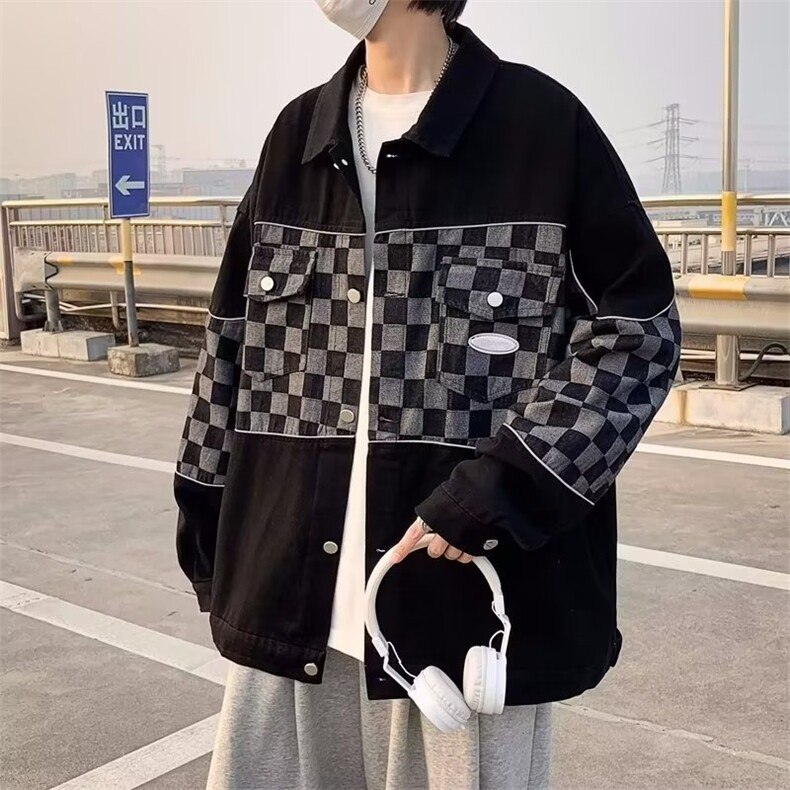 春秋季2023新款棋盘格外套男韩版情侣工装夹克港风宽松牛仔W99P65图片