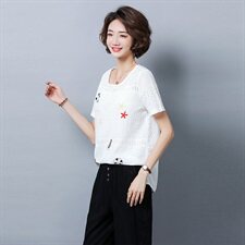 2021年夏季时尚圆领纯色潮流绣花舒适简约宽松短款套装，女装T恤，独衣靓