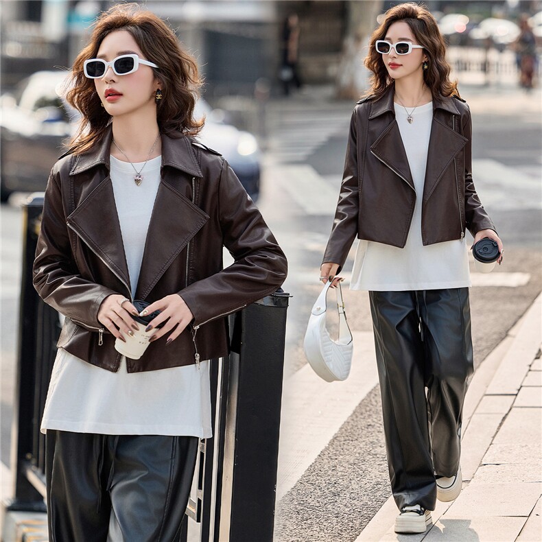 时尚拉链西装翻领皮衣外套女2025秋季新款修身显瘦气质机车风夹克，女装皮衣，臻衣坊