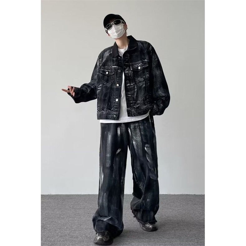 高街美式痞帅泼墨夹克男款套装街头潮牌嘻哈宽松休闲工装牛仔套装，男装夹克，星座1013