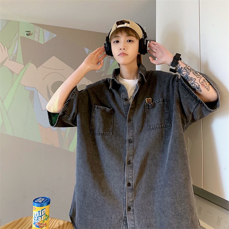 牛仔短袖衬衫男夏季港风痞帅外套ins韩版潮流宽松衬衣CN001-P40,男装衬衫,星座1008-1
