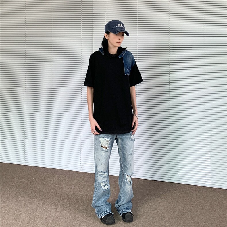 美式潮牌帅气牛仔拼接重磅短袖拼色设计小众半袖宽松休闲t恤上衣,男装T恤,星座506A