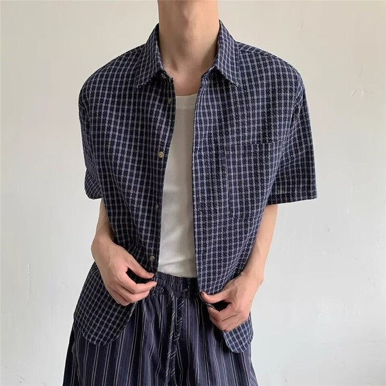 日系复古格纹青少年短袖衬衫男女夏季新款宽松百搭格子百搭衬衣潮,男装T恤,星座506A