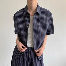 日系复古格纹青少年短袖衬衫男女夏季新款宽松百搭格子百搭衬衣潮，男装T恤，星座506A