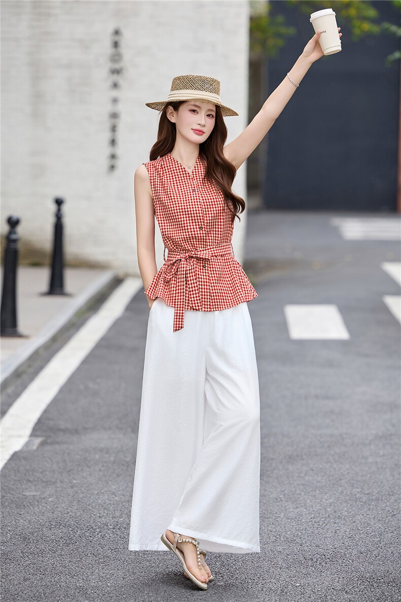 现货！夏季新款时尚洋气百搭两件套通勤格子套装透气显瘦上衣裤子,女装套装/套裙,衣之秀