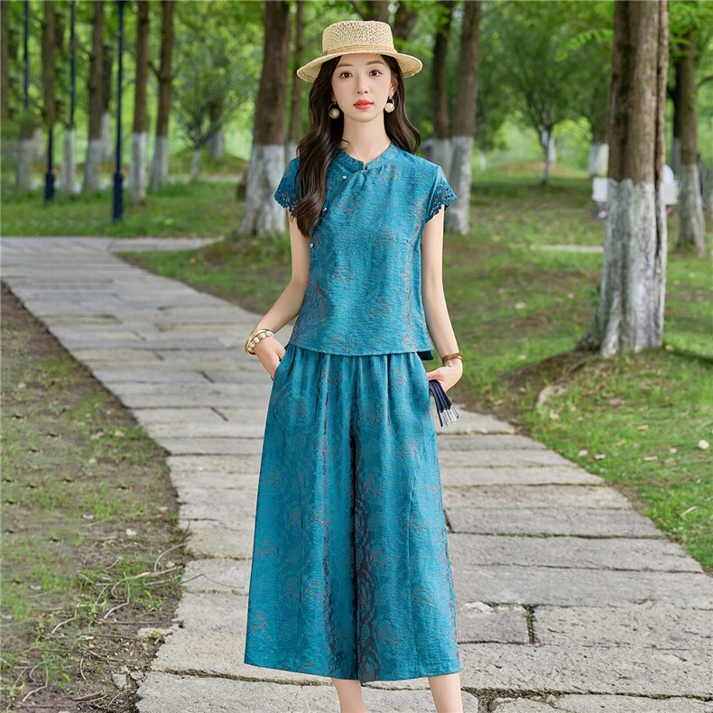 现货2026夏季新中式人丝老钱风新款套装两件套,女装套装/套裙,伊仟回