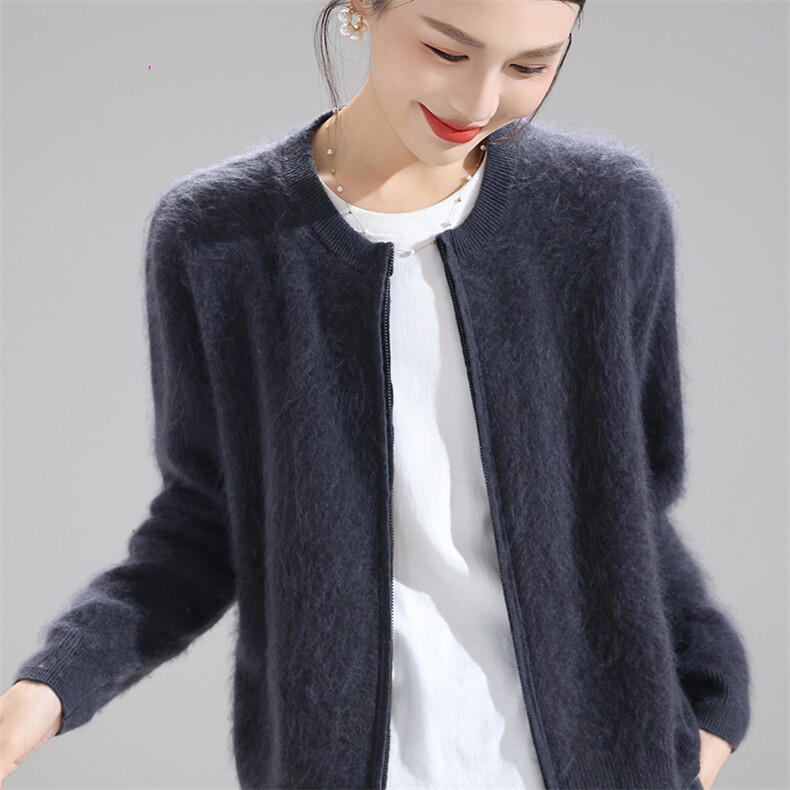 轻盈保暖拉绒100%纯羊毛开衫女2025秋冬拉链毛衣外套宽松针织衫,女装羊毛衫,暮绒羊羊绒