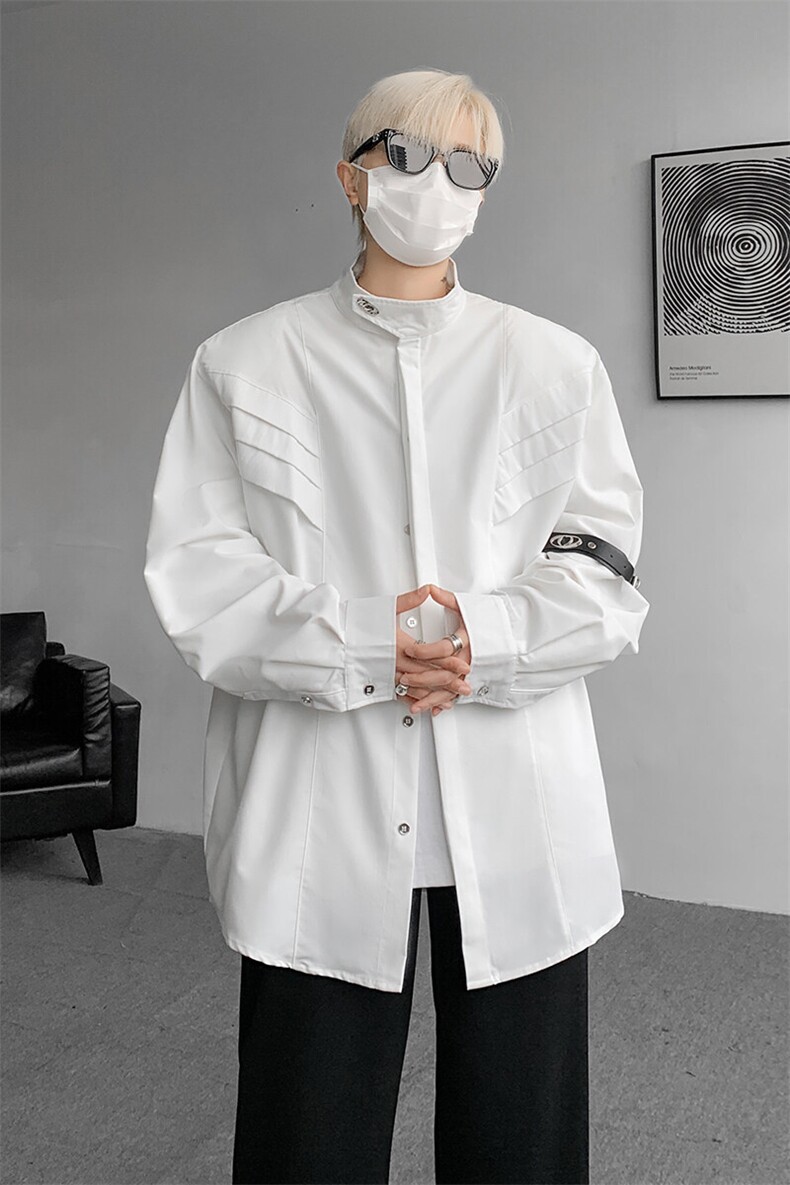 8XL-M高街风小众压褶设计高级感垫肩立领衬衫男宽松衬衣CS521P68,男装衬衫,电商D206-1