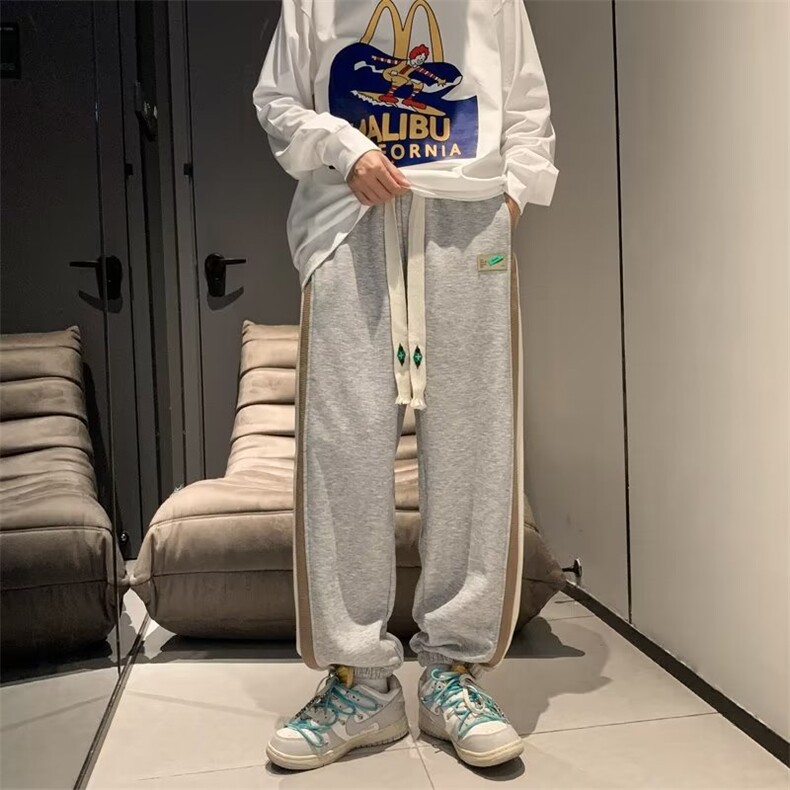 侧边条纹卫裤加绒男款秋冬胖子大码束脚运动裤美式高街阔腿裤K62,男装休闲裤,星座310B-1