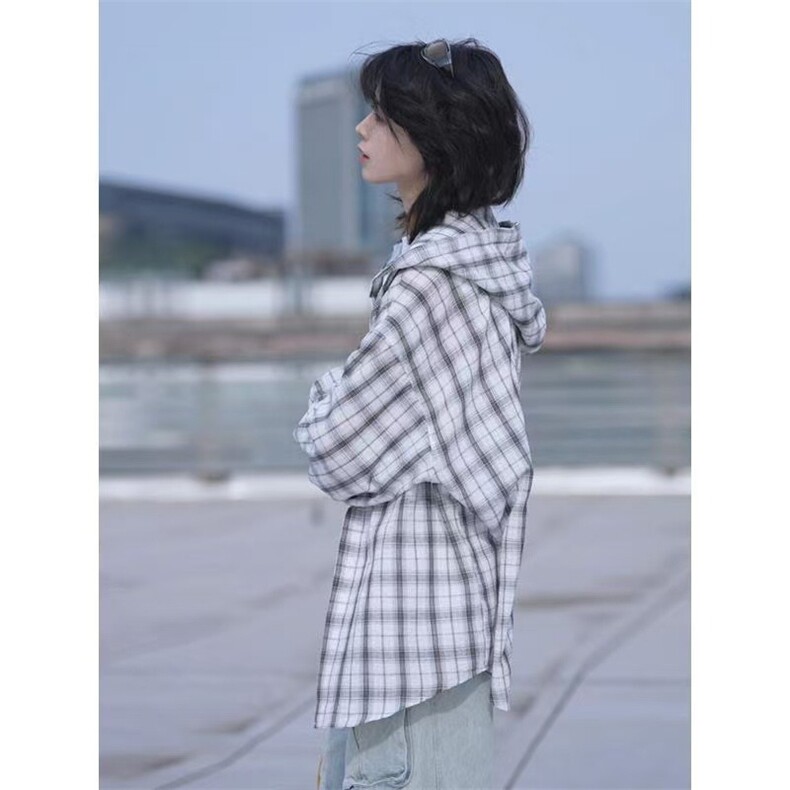 夏季美式复古休闲格子长袖衬衫男女同款潮牌宽松衬衣防晒外套，男装防晒衣，星座1210-1