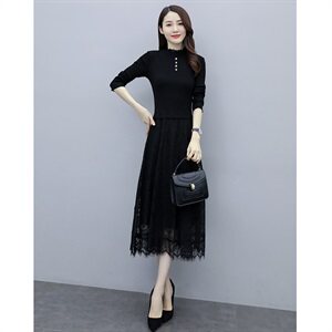 2023秋季新款半高领配花边四颗扣针织线衣蕾丝长款打底连衣裙，女装连衣裙，安之芮娜