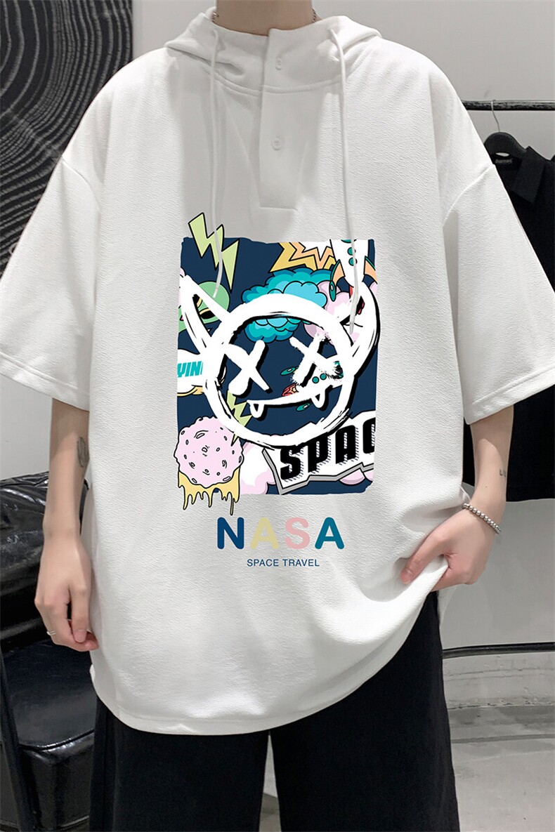 LD54275-P45NASA连帽短袖t恤男大码胖子带帽五分袖中袖,男装T恤,电商A040