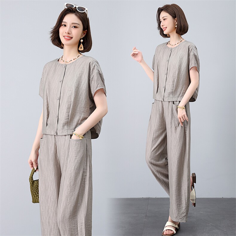 中年妈妈天丝棉麻套装女夏季新款贵夫人短袖衬衫阔腿裤减龄两件套，女装套装/套裙，曼沙奕珂