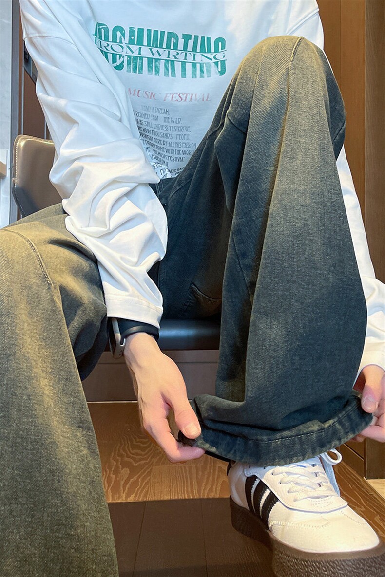 美式复古拼接微喇牛仔裤男款春秋高街水洗渐变裤子KZ005P60加绒70,男装牛仔裤,电商B312