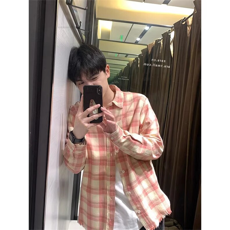 粉色格子衬衫男毛边格纹长袖衬衣K339-P45,男装衬衫,星座1007（原301D）
