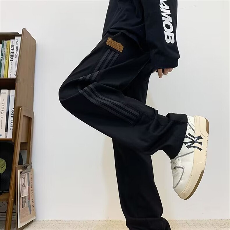 高街阔腿卫裤男女夏季重磅直筒条纹休闲裤潮牌复古运动裤子DK882图片