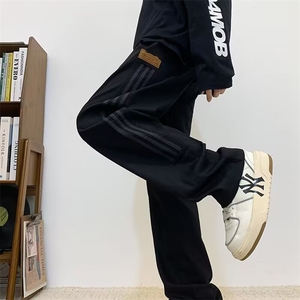 高街阔腿卫裤男女夏季重磅直筒条纹休闲裤潮牌复古运动裤子DK882图片