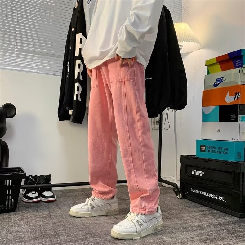 粉色牛仔裤男设计感小众hiphop炸街子高街ins潮流直筒NK8016-P48,男装牛仔裤,星座1008