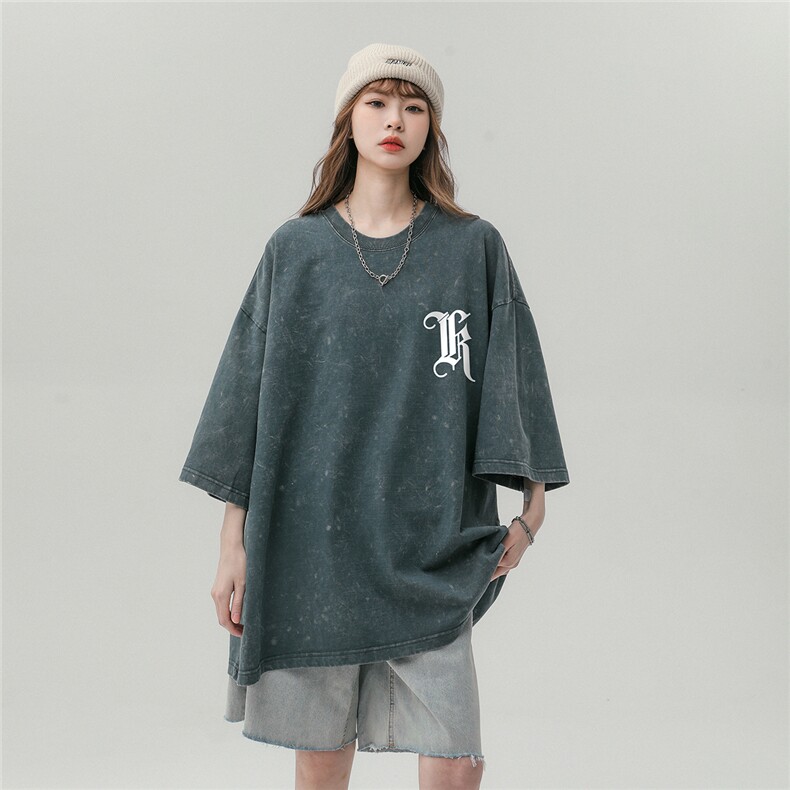 中性风23夏季新款水洗印花美式复古百搭体恤五分袖DT1008P38控58,男装T恤,A247A