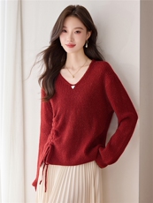 高级针织设计感V领蕾丝打底衫2025年秋季新款宽松抽绳针织衫新款，女装羊毛衫，艾米