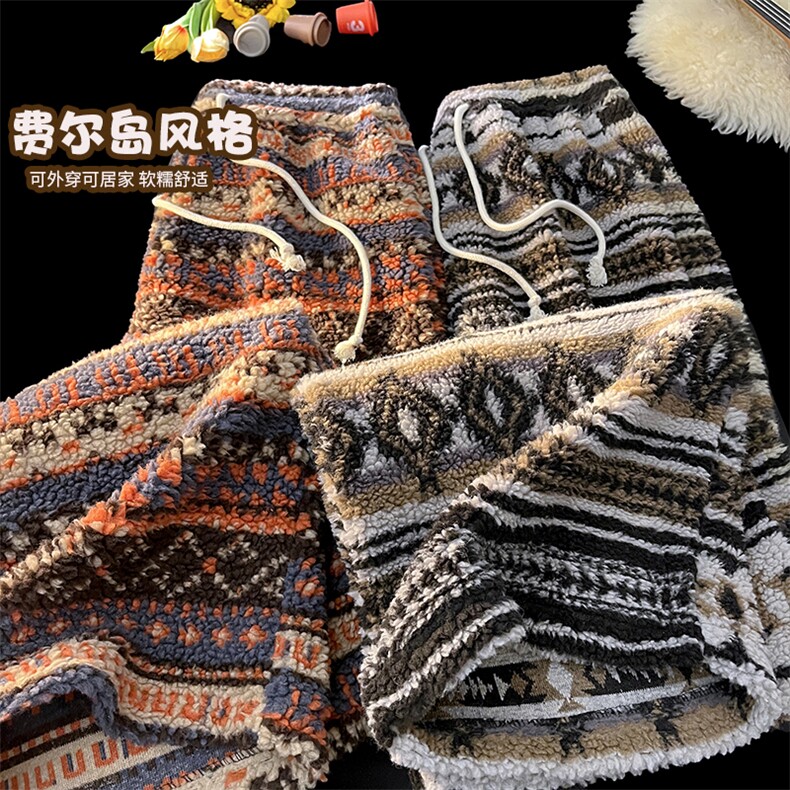 费尔岛风复古羊羔绒条纹裤撞色潮搭民族风潮酷休闲裤K893TP55控98，男装民族服装，电商A102B