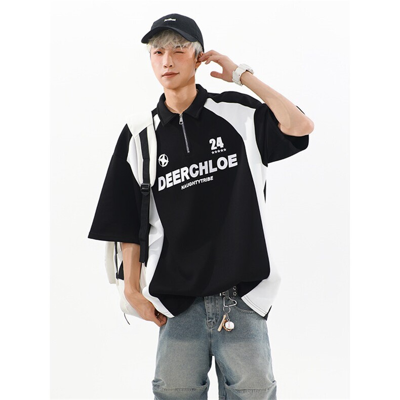405A高街美式翻领半拉链设计感印花polo短袖T恤T2533-P45控68,男装T恤,星座405A