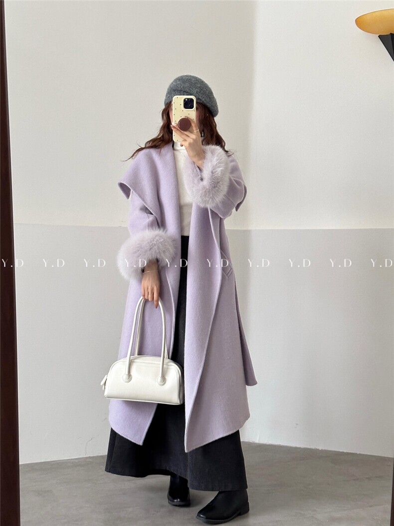 【依嘟】新年圣诞2025冬狐狸毛袖高级感中长款羊毛外套(配腰,女装双面呢大衣,依嘟服饰