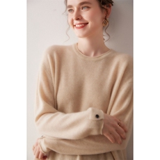 慵懒风卷边圆领山羊绒针织毛衣女宽松长袖针织100%羊绒衫，女装针织衫/毛衣，镁纯羊绒