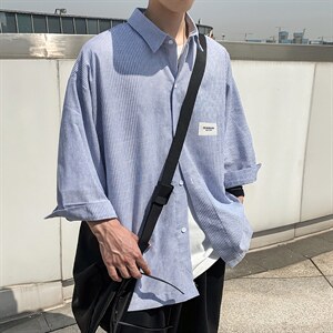 2026夏装新款条纹绣标短袖五分袖衬衫潮男衬衣 CS8090/P40 蓝色图片