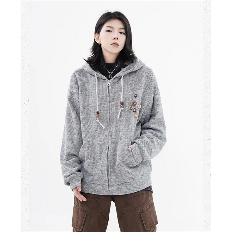 W11055-P55网图现货春季新款美式复古设计感针织连帽开衫外套,女装短外套,星座1608