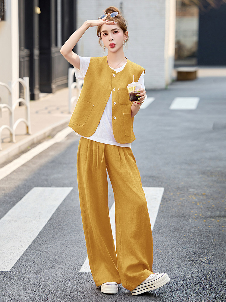 2025夏季新款纯色马甲玫红色三件套阔腿长裤T恤女装高档透气麻料,女装套装/套裙,布芭啦