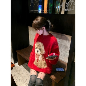 红色圣诞小狗软糯马海毛毛衣女秋冬慵懒风新年针织衫MY03985-P58