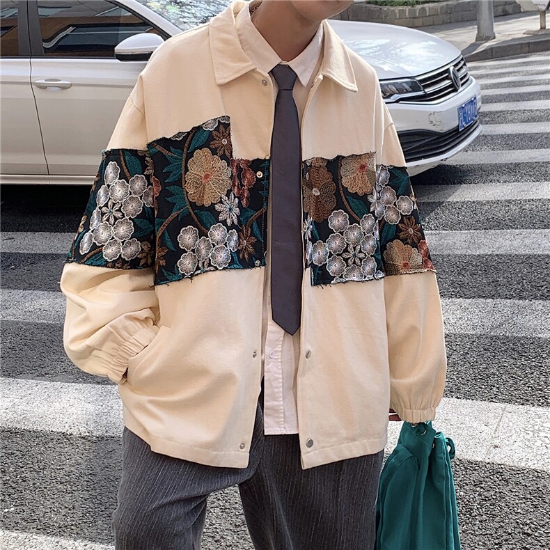 12025春季新款中性风休闲宽松外套男潮拼接翻领7568P85控118,男装夹克,星座226-2
