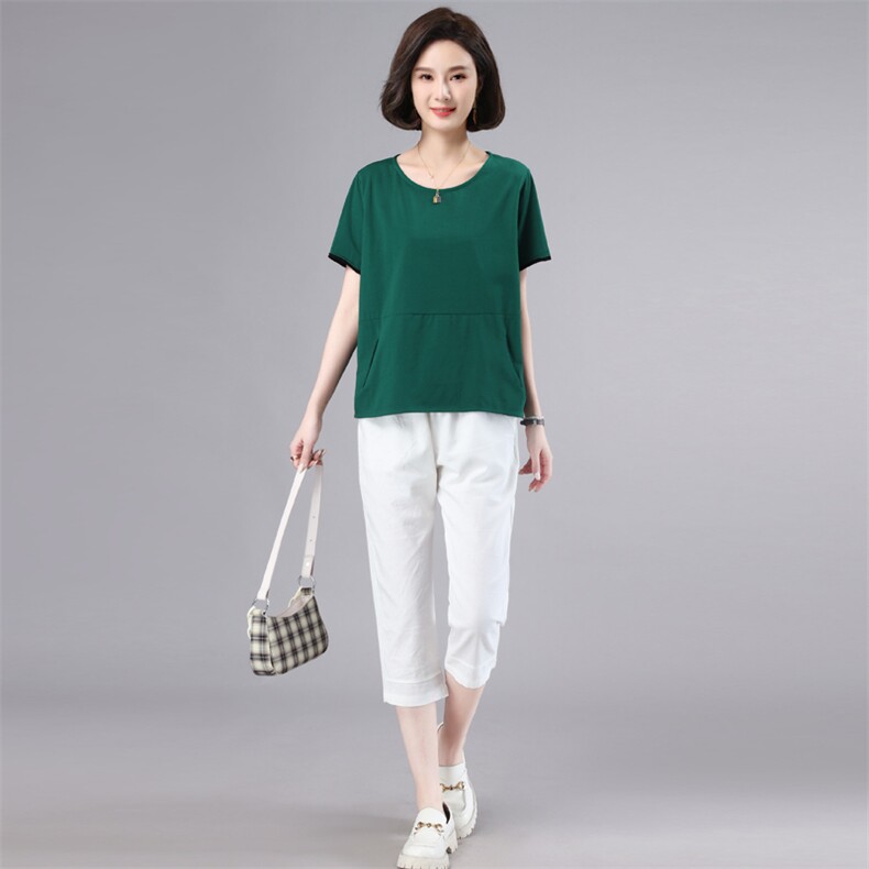 妈妈短袖T恤纯棉女大码薄2025中老年洋气夏季宽松遮肚子上衣显瘦，女装套装/套裙，奕阳依阁
