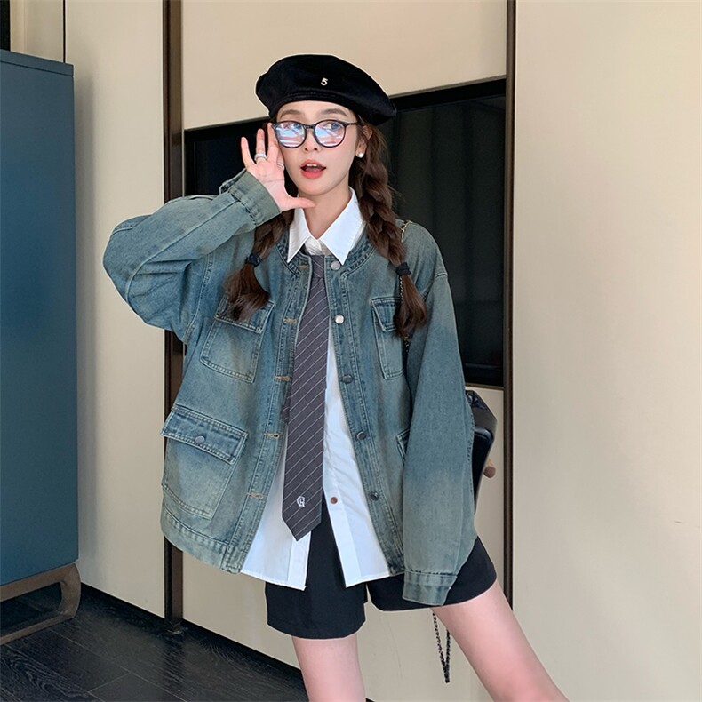 港风复古牛仔外套女2024春秋新款设计感宽松休闲工装圆领夹克上衣,女装牛仔外套,纯色衣恋