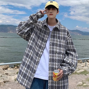 美式粗花呢小香风外套男高级感痞帅千鸟格刺绣衬衫式夹克图片